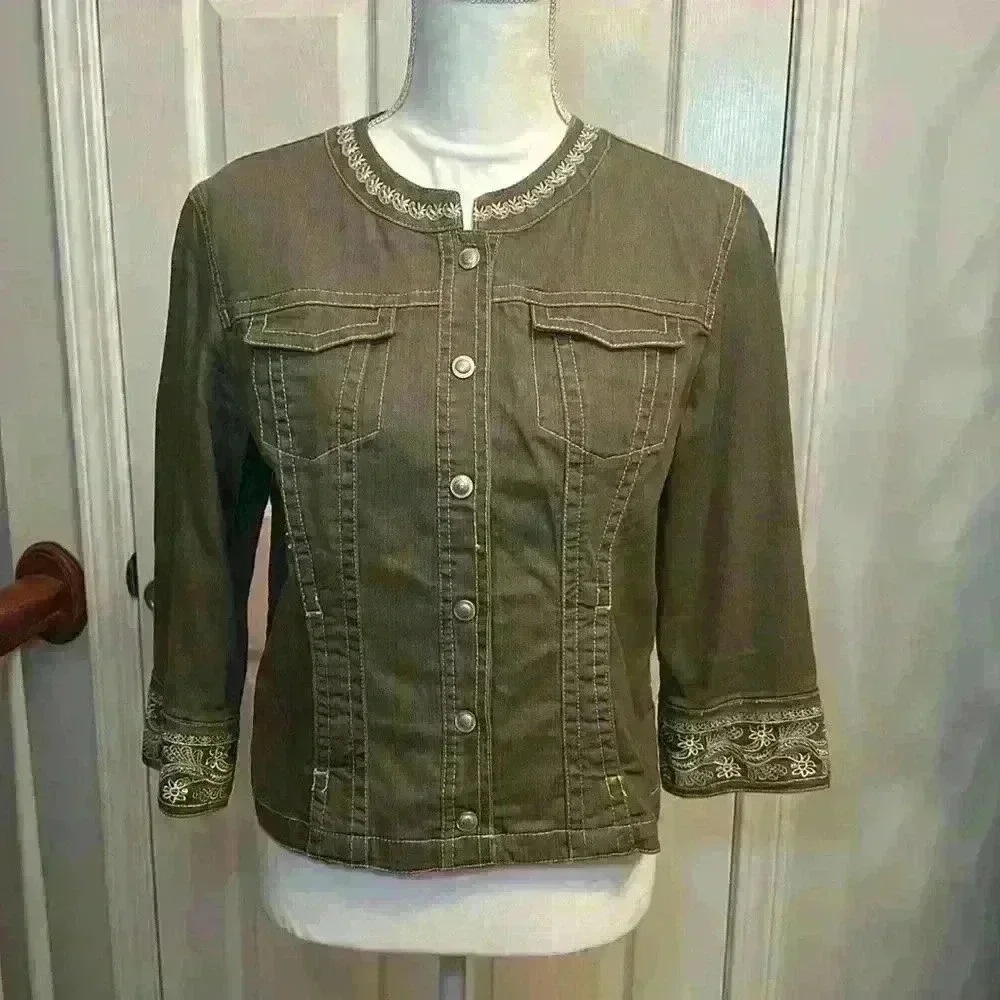 Live A Little Vintage Embroidered 3/4 Sleeve Jean Jacket w/ Snap Buttons Size M - Picture 5 of 15